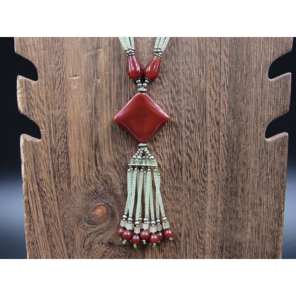 24" Long Beaded And Stone Tassel Necklace Vintage Costume Jewelry Beautiful